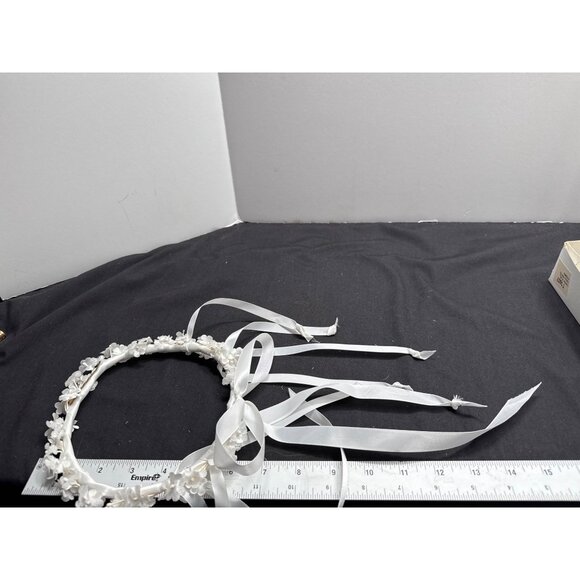 White Floral Halo Headband With Streamer Ribbons For Weddings & Special Occasion - Picture 3 of 6